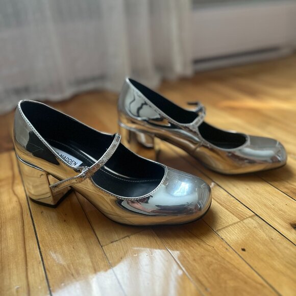 Steve Madden - Silver Mary Jane Block Heel  Shoe - Picture 1 of 3